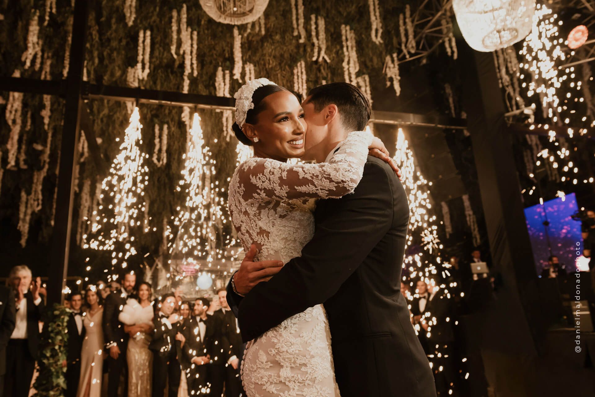 Couple's first dance among lights